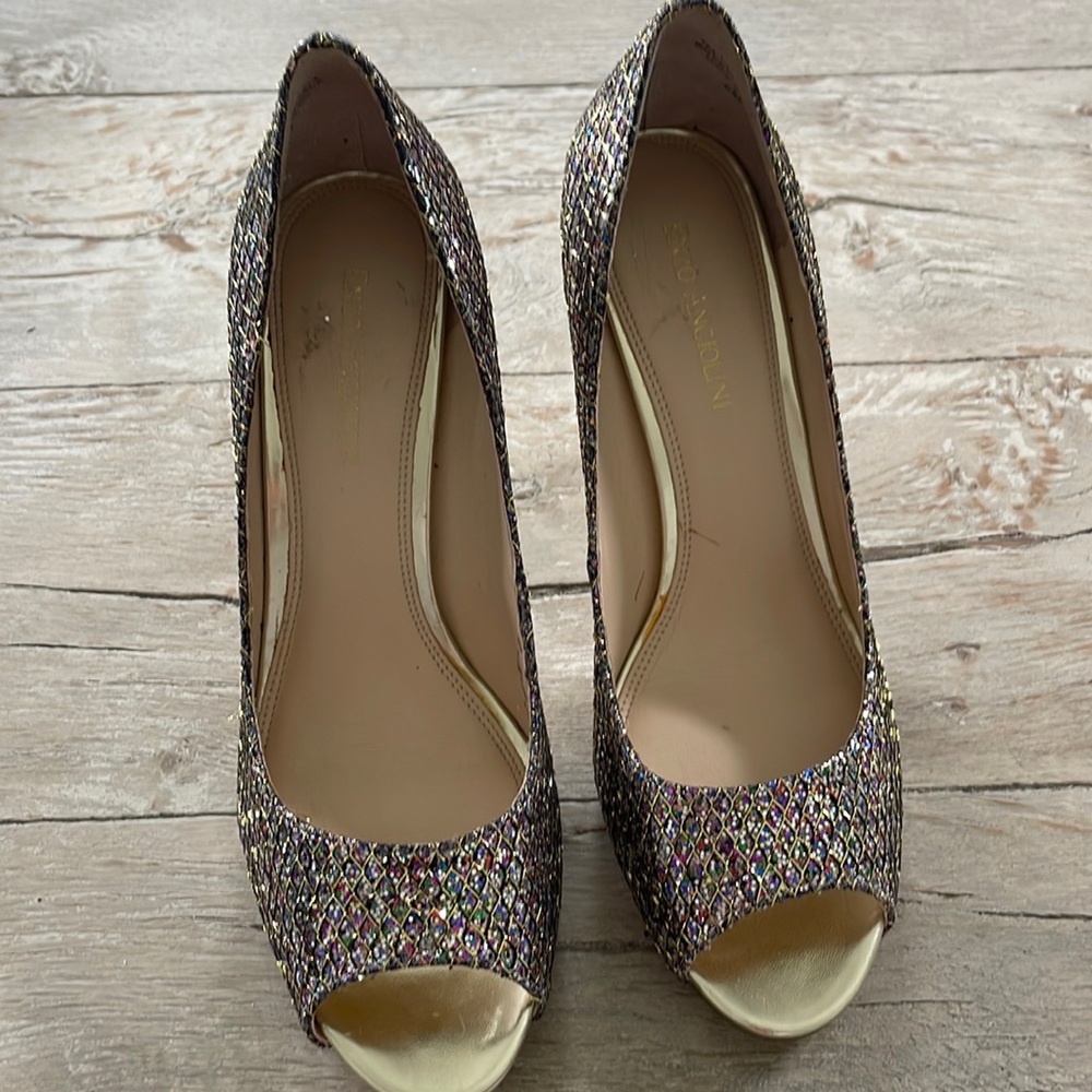 Sparkly Gold Multi colored High Heel Peep Toe Shoes sz 8 Formal Heels